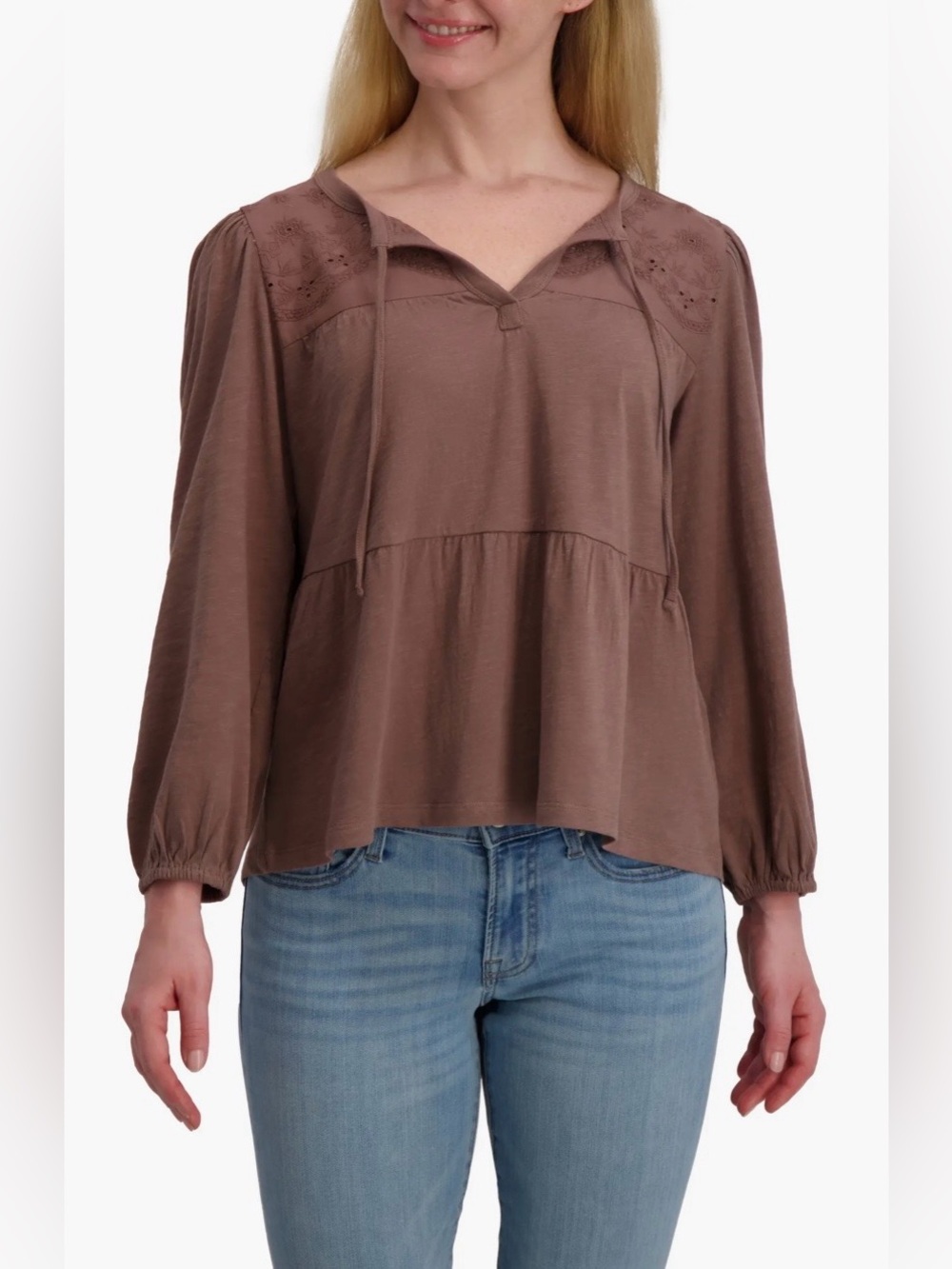 Lucky Brand Long Sleeve Cotton Babydoll Top in Deep Taupe - NWOT